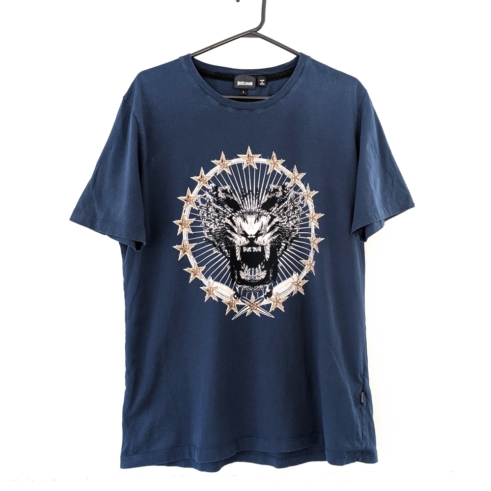 Just Cavalli Dark Blue Lion Graphic Tshirt Luxe Edgy Italian ~ Size Large